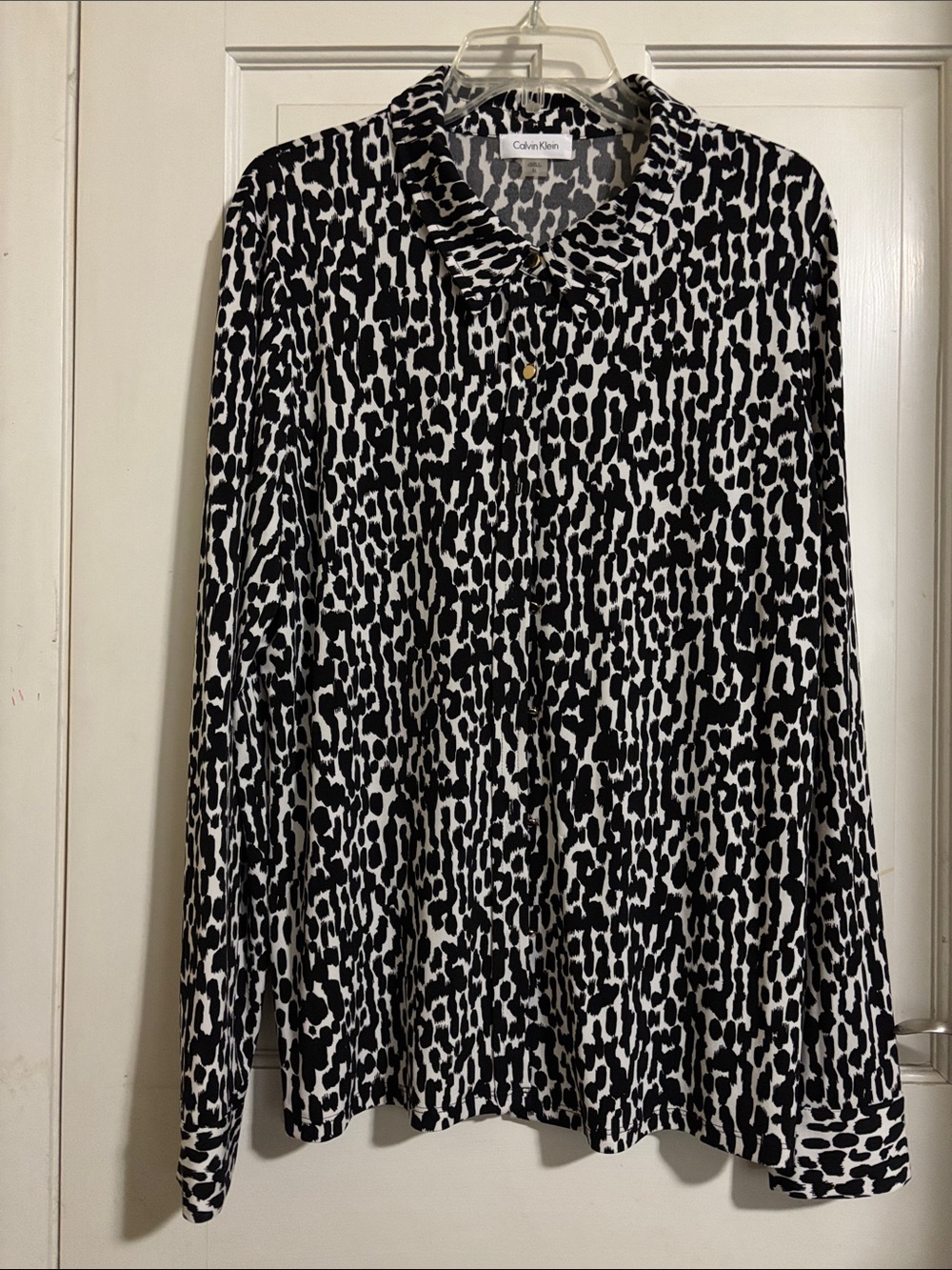 Calvin Klein Black and White Animal-Print Button-Down Top